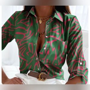 Emerald Green and Pink Marbled Print Blouse